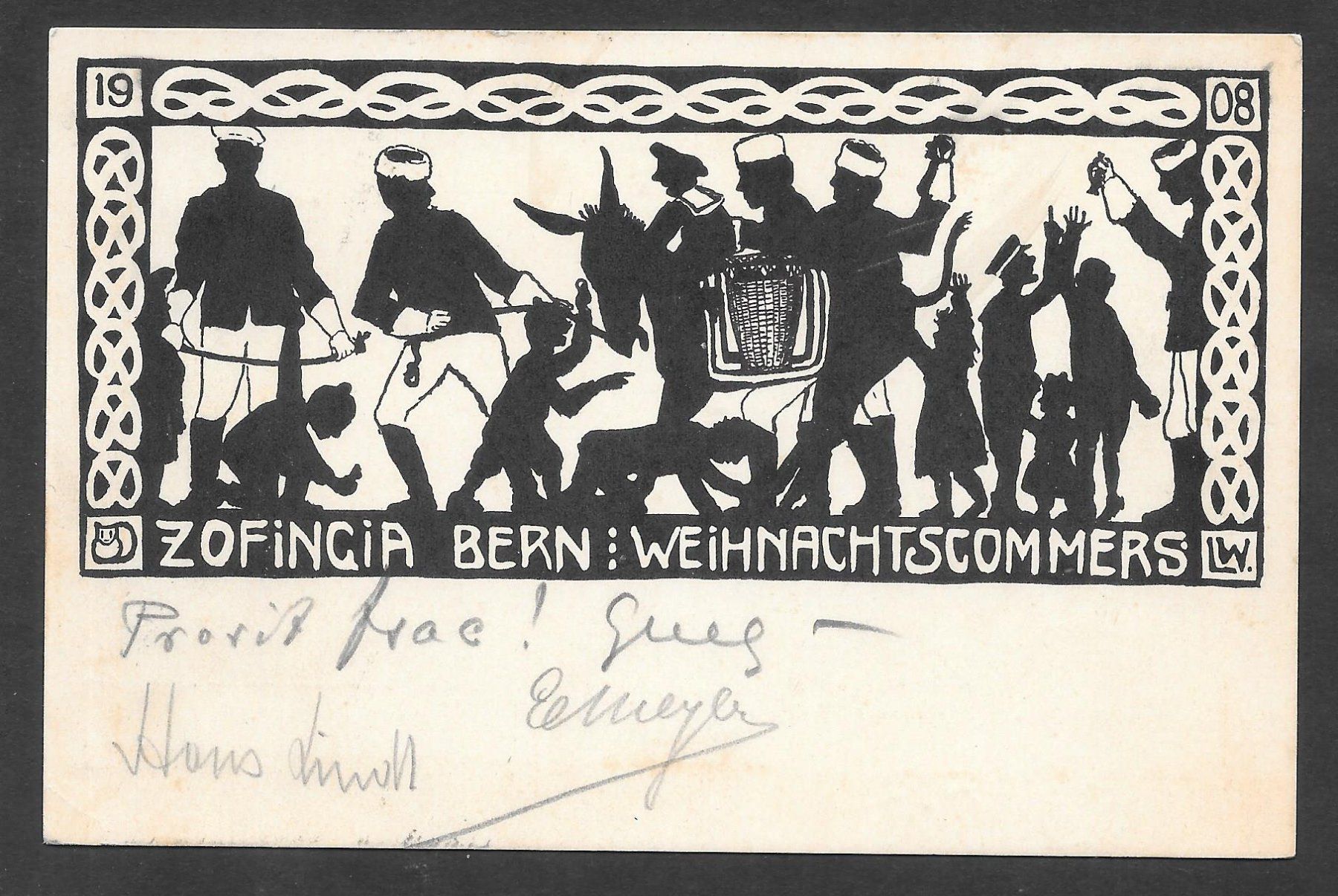 Cartoline postali: Studentenverbindung Zofingia Bern Weihnachtskommers 1908 – Usato da Olten venduto da clotaldi