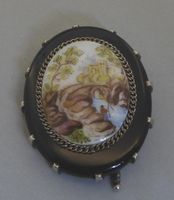 Antike Brosche 800 Silber mit Onyx Stein und Miniatur 1890