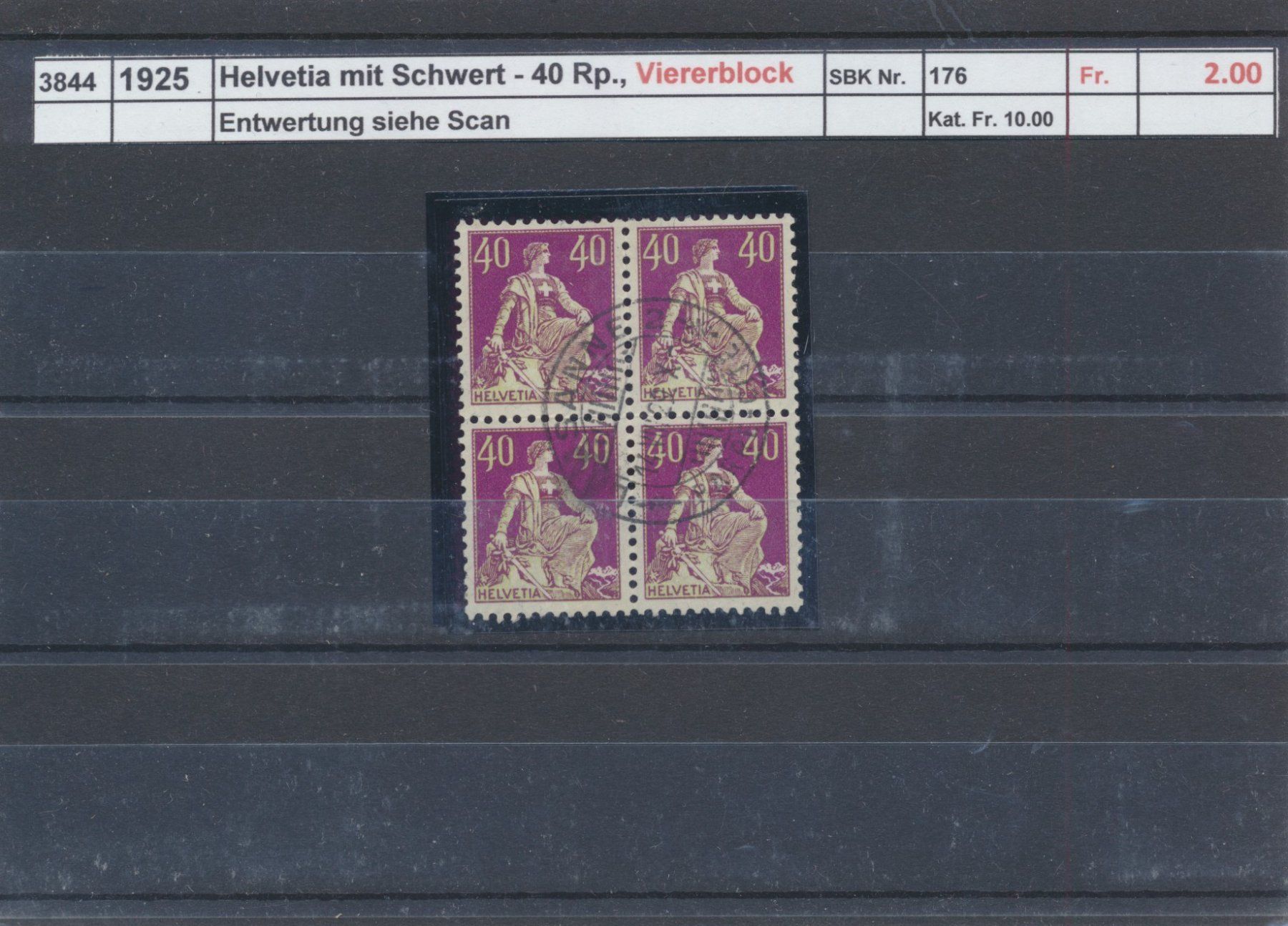 Tutti i francobolli: 1925 "Helvetia mit Schwert -40 Rp.", Viererblock, gestempelt – Usato da Winterthur venduto da Zupogeru