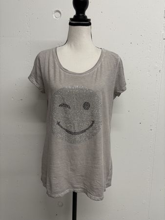 Hallhuber Shirt Grösse M Smiley Print grau Batik Glitzer