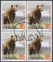 2009, Nr.1296 (Braunbär) Viererblock mit Ersttags-Stempel