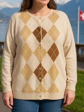 Merino Strick jacke Beige Braun Gr L XL Karo leichtkl stern