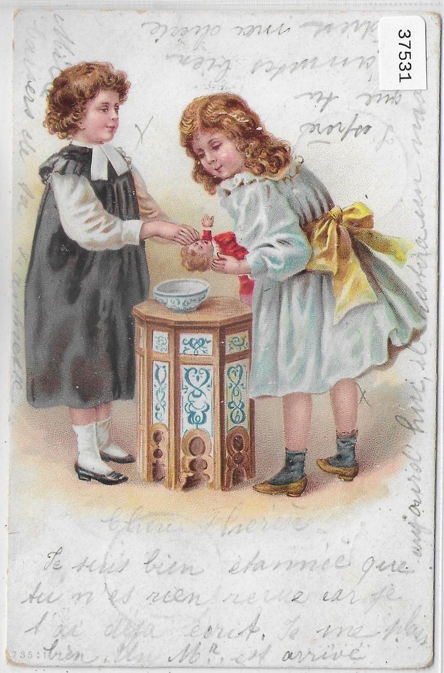 Cartoline postali: Modisches kleine Mädchen mit Puppe - Litho – Usato da Ettingen venduto da Kartenplanet