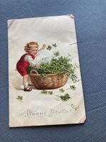Antike Grusskarte, Glücksklee Kind, Bonne fete, 1900er J.