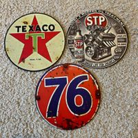 🇺🇸🇺🇸Texaco, STP, 76 – 3x Vintage-Blechschild (∅20 cm)
