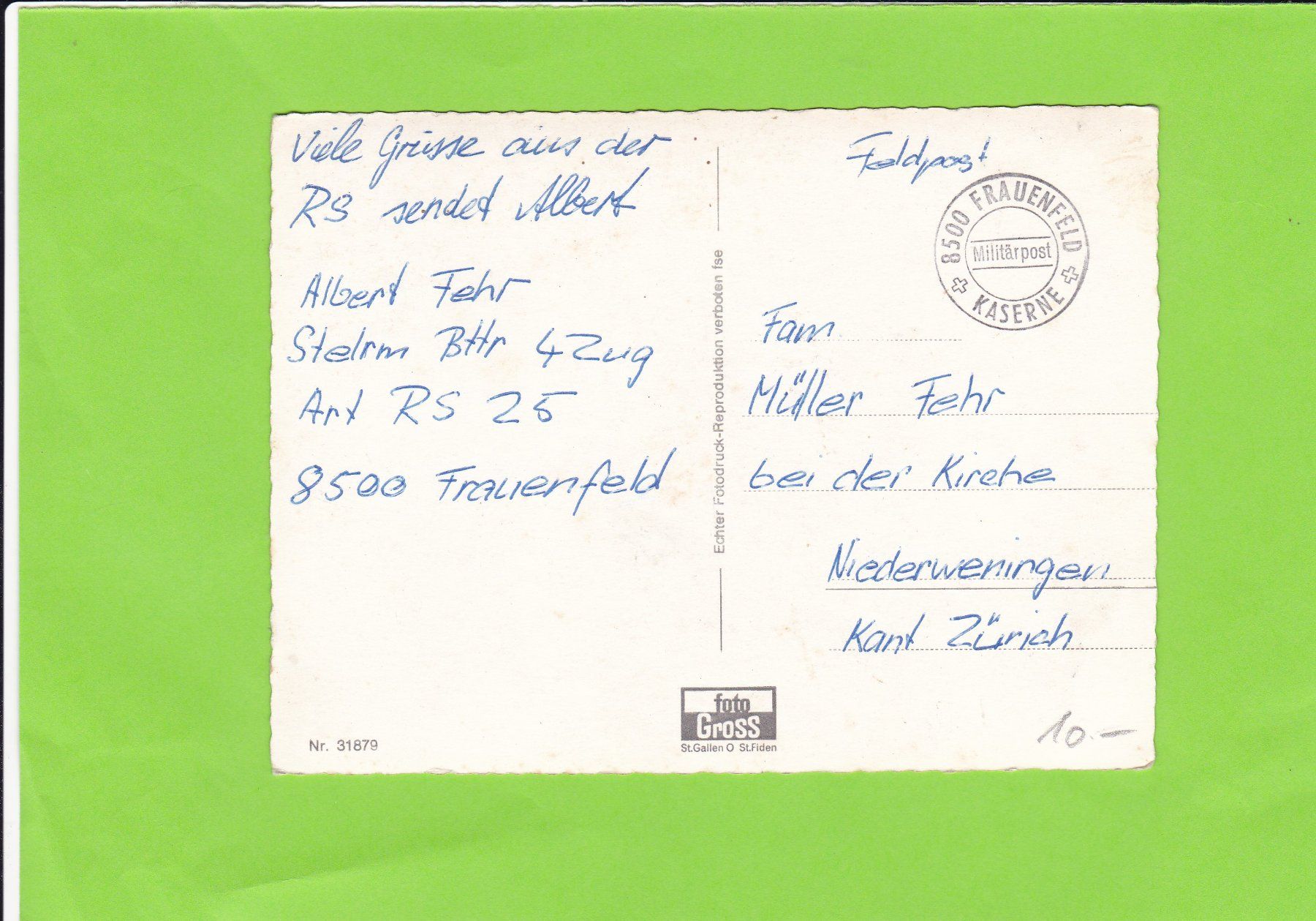 Ansichtskarten: Frauenfeld-Oldtimer--Feldpost – Gebraucht aus St. Peterzell von neckertal 1