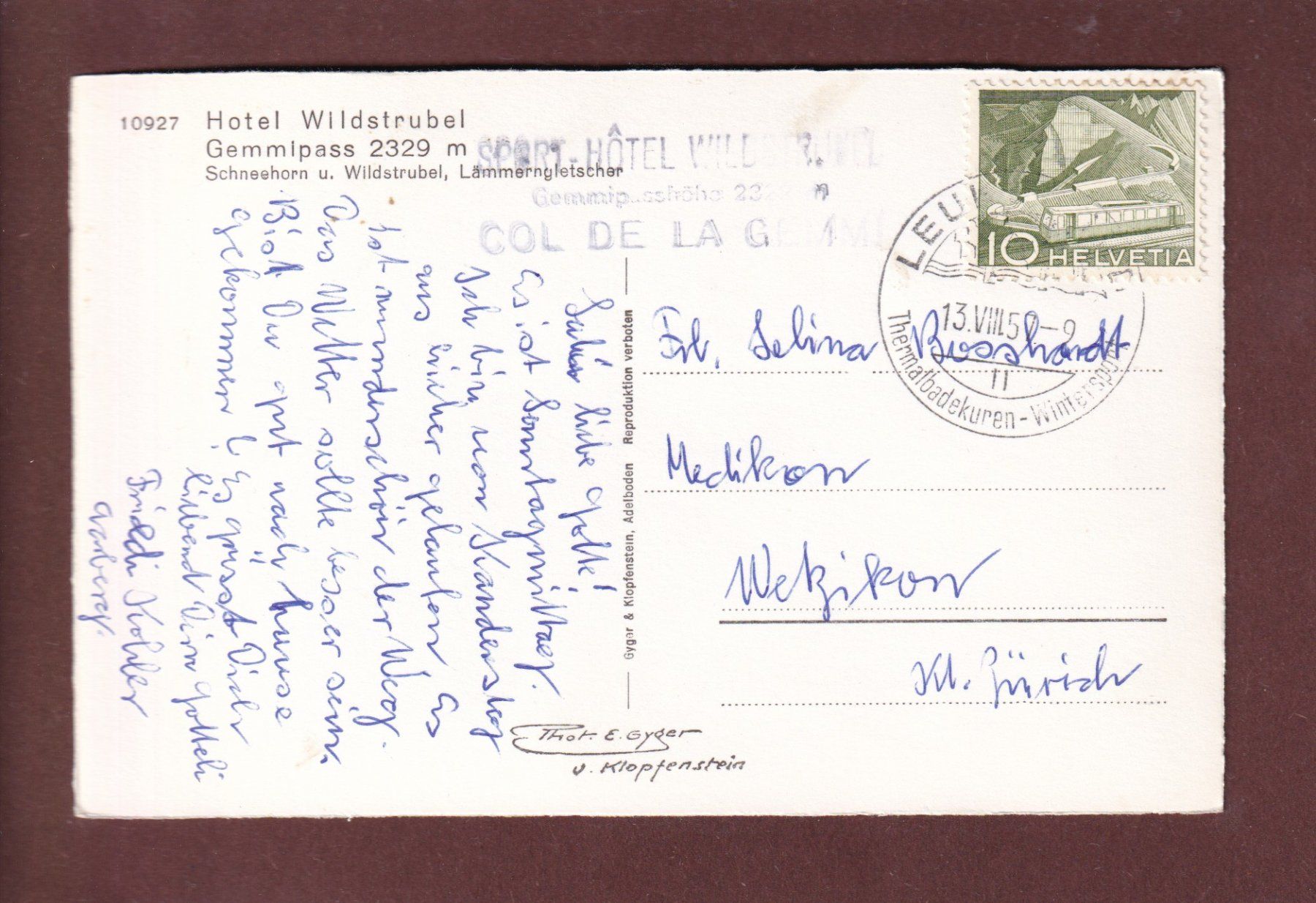Ansichtskarten: Gemmipass HOTEL WILDSTRUBEL - 1957 – Gebraucht aus Pully von nicecards 1