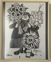 Holzschnittdruck von Werner Hofmann - Blumenfrau 1973