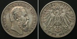 HESSEN 2 Mark 1891 A, LUDWIG IV. Silber SELTEN! f.vz