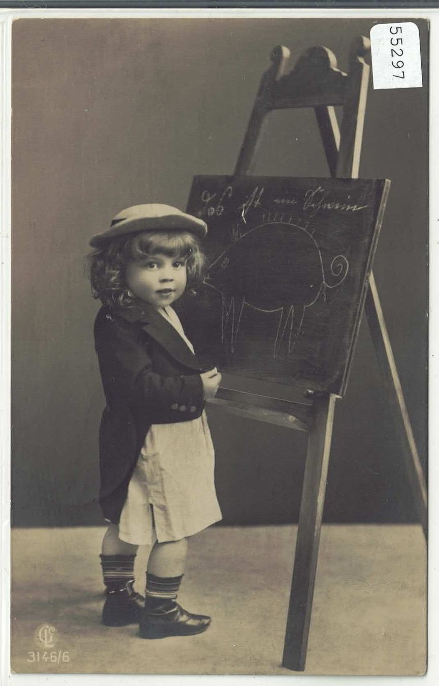 Cartes postales: Knabe mit Wandtafel - Schwein – D'occasion à Ettingen par Kartenplanet