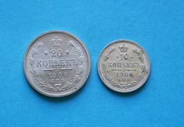Münzen Russland 10+20 Kopeken 1906 Silber antik