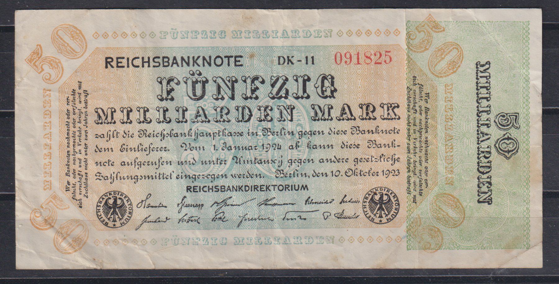 Banconote: Reichsbanknote 50 MILLARDEN Mark 1923 – Usato da Eschlikon TG venduto da PhilCon