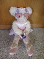 Teddybärin,Ballerina,rosa Kleid und Brille,Blumenstrauss