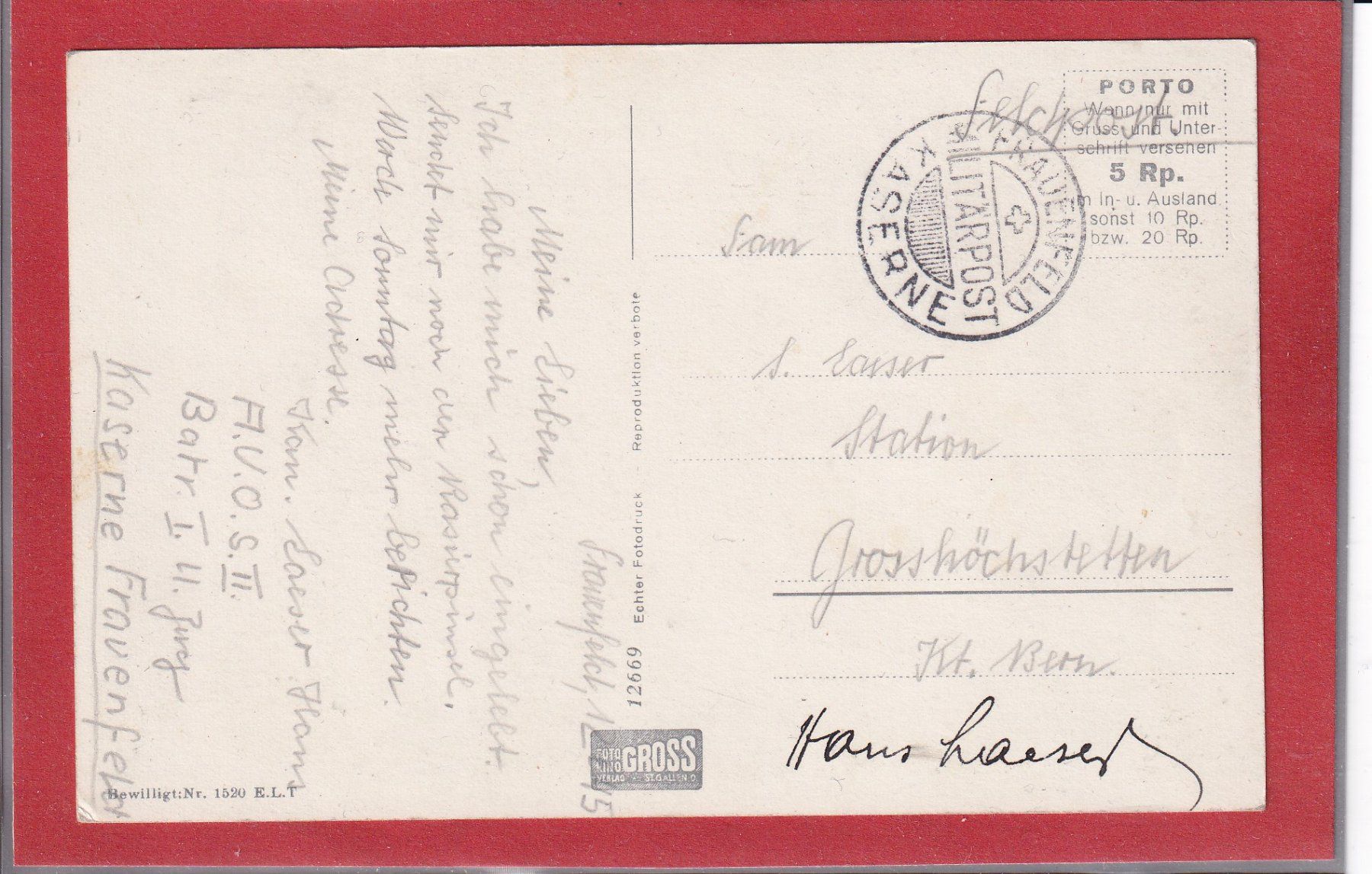 Cartoline postali: Frauenfeld - Kaserne - 1935 – Usato da Orvin venduto da Pyaeschli 1