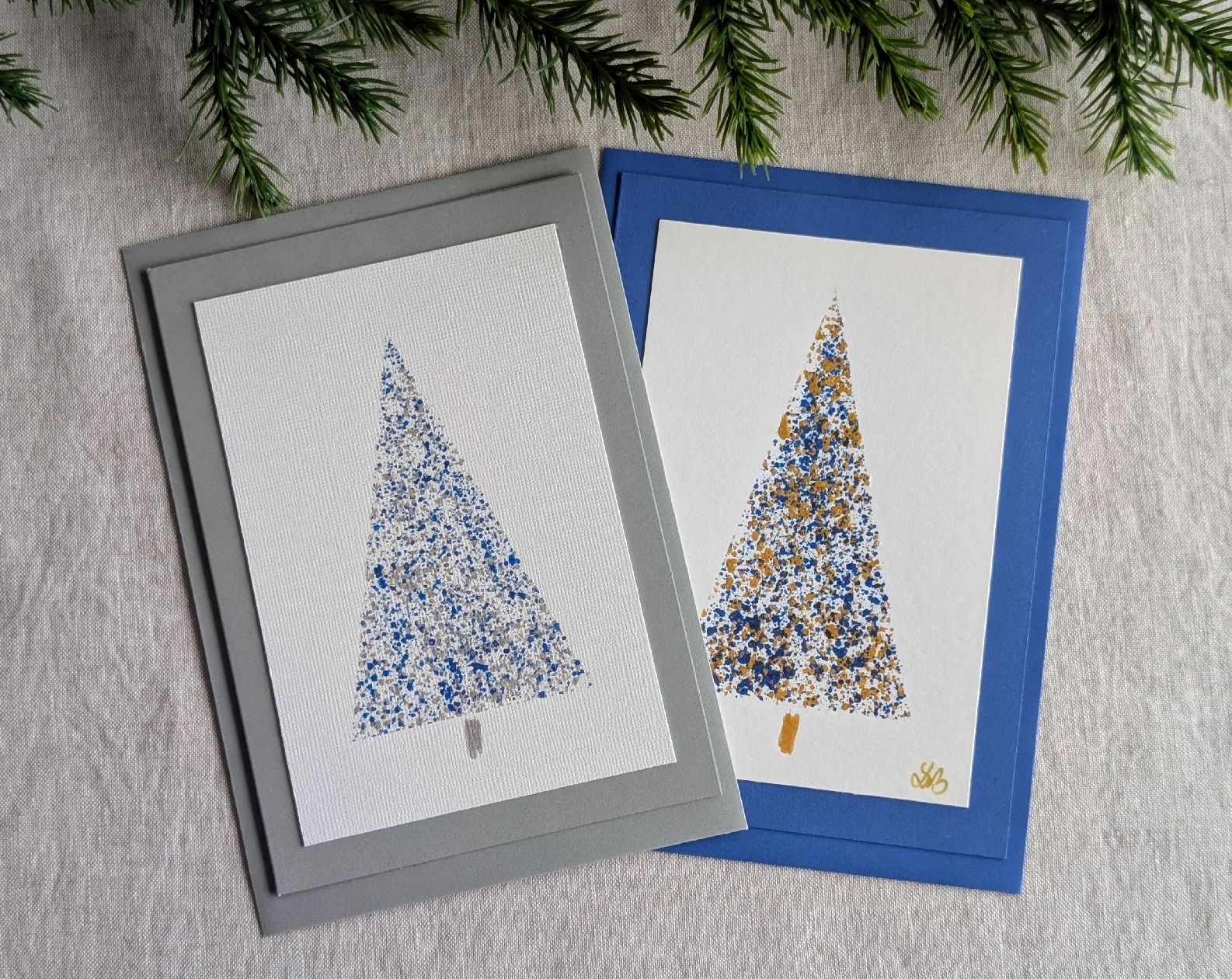 Karten: 2er Set Weihnachtskarten Handbemalt Tannenbaum Blau Silber – Neu und originalverpackt aus Winterthur von LaVieColor
