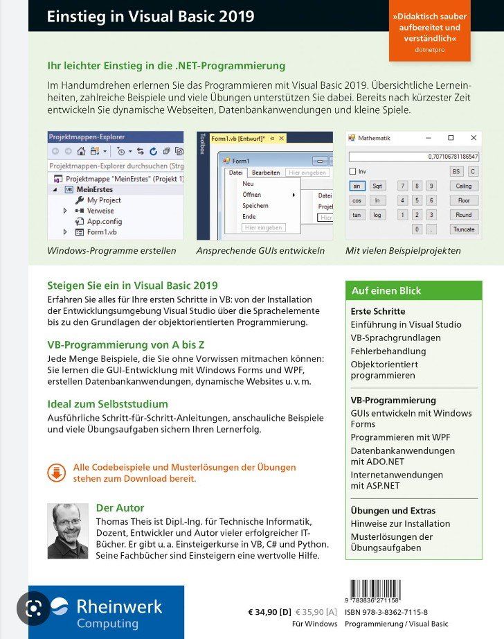 Bücher: Einstieg in Visual Basic 2019 - Rheinwerk, Thomas Theis – Neu (gemäss Beschreibung) aus Wettingen von  1