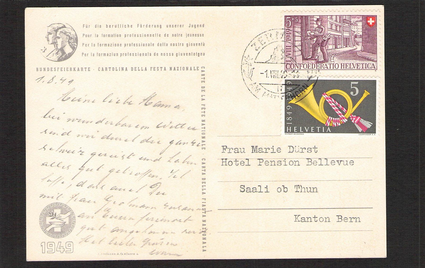 Alle Briefmarken: FDC Bundesfeierkarte 1949 , Nr. 84 , Pro Patria , 1.Vlll.49 – Gebraucht aus Reichenburg von Pipo-67