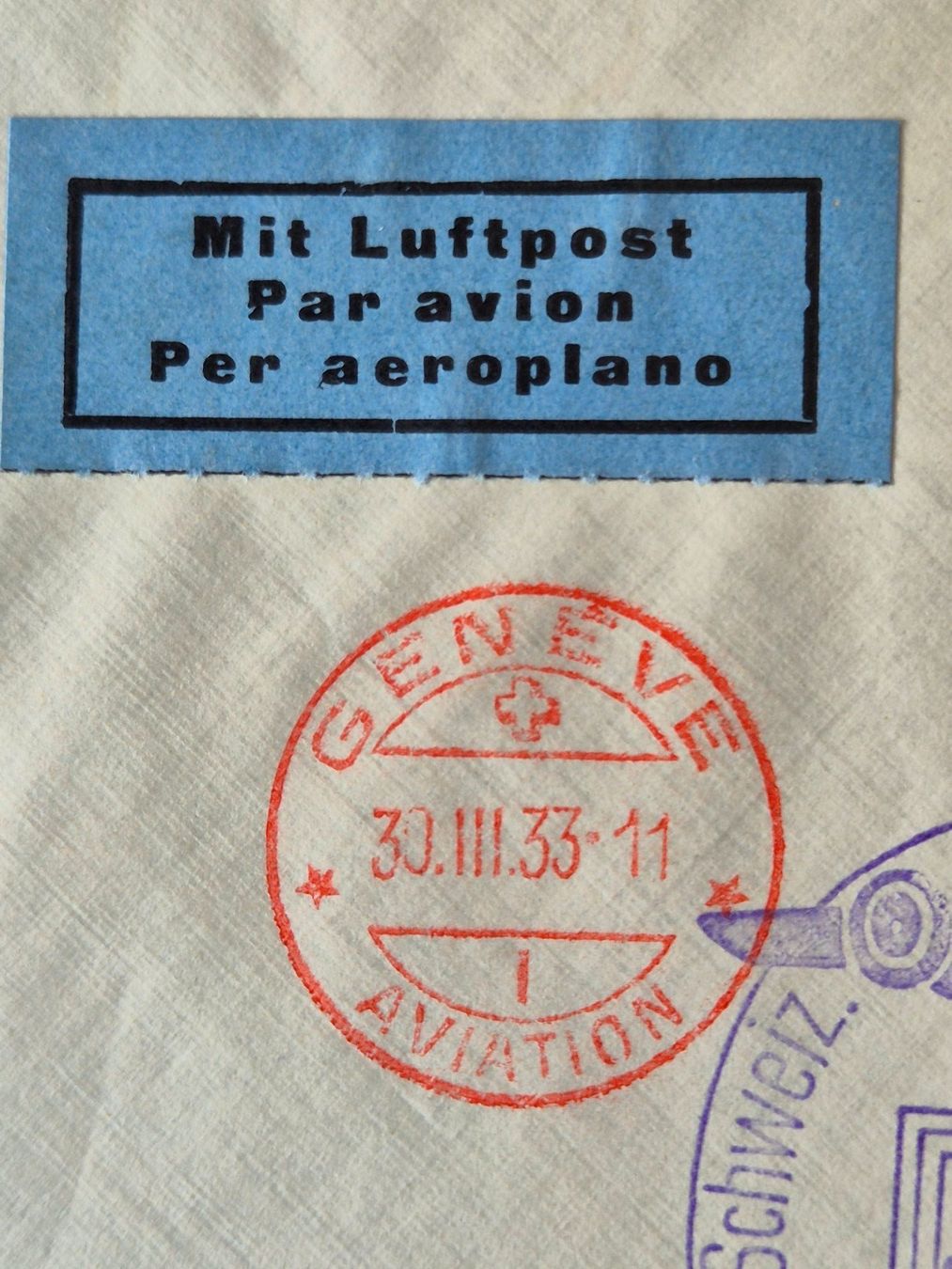 Tutti i francobolli: Luftpostbrief Genf - Zürich 30.III.33 – Usato da Seewen SZ venduto da SuperpumaDisplayTeam 4