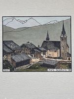 Conradin Sedrun kolorierter Holzschnitt 18x18cm um 1915