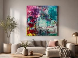 Fröhliches von Hand gemaltes Kunstwerk. 100 x 100 cm