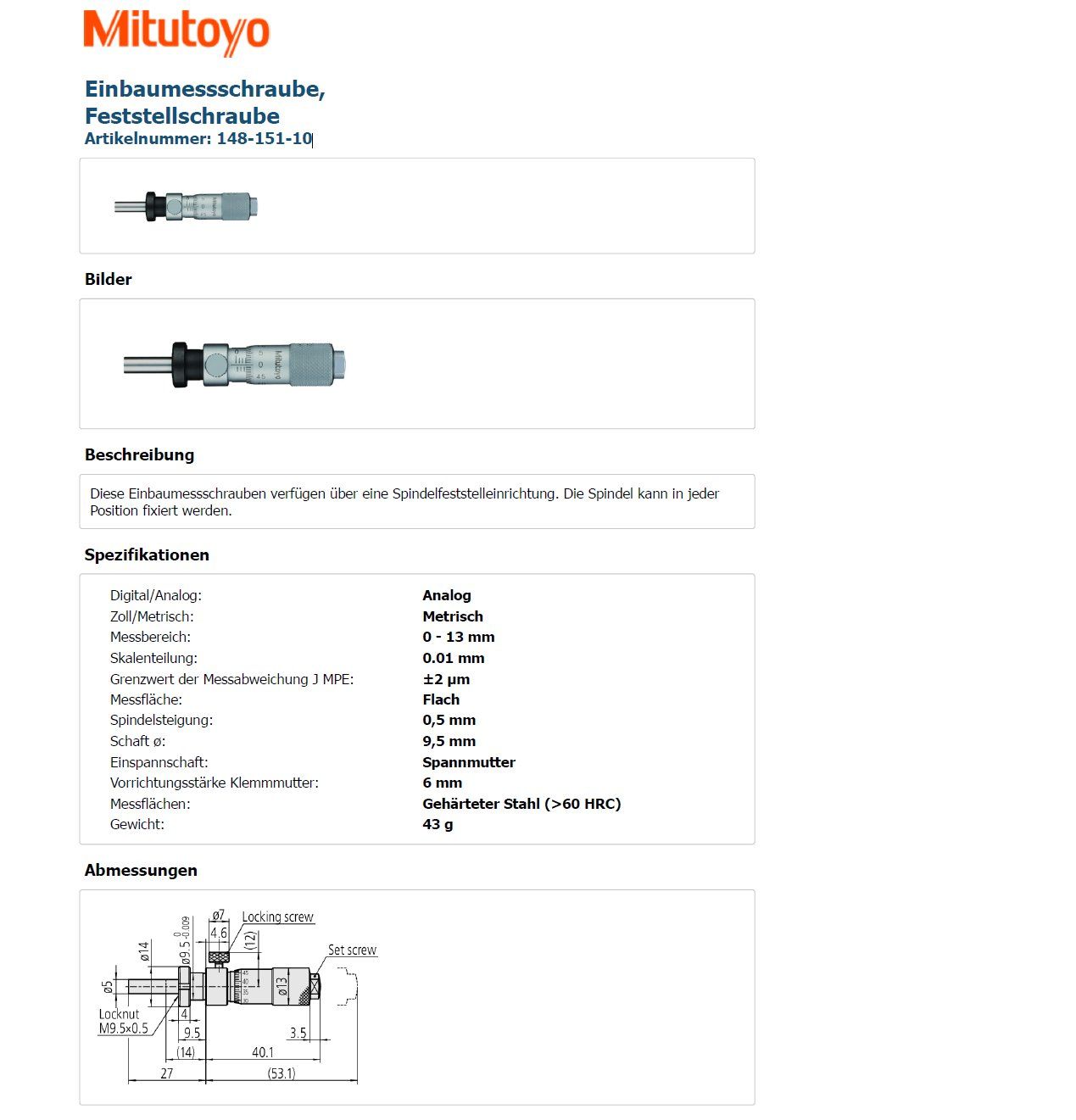 Mitutoyo Messen: Mitutoyo Einbaumessschraube Art. 148-151-10 – Neu und originalverpackt aus Gossau SG von Sven_H._1313 3