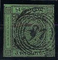 Baden 1851/53 Freimarke schwarz auf grün 3 Kreuzer gest.