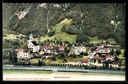AK Wolfenschiessen, Dorfansicht mit Kirche und See