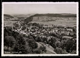 AK Rohrbach i. E., Ortsansicht mit Kirche und Feldern