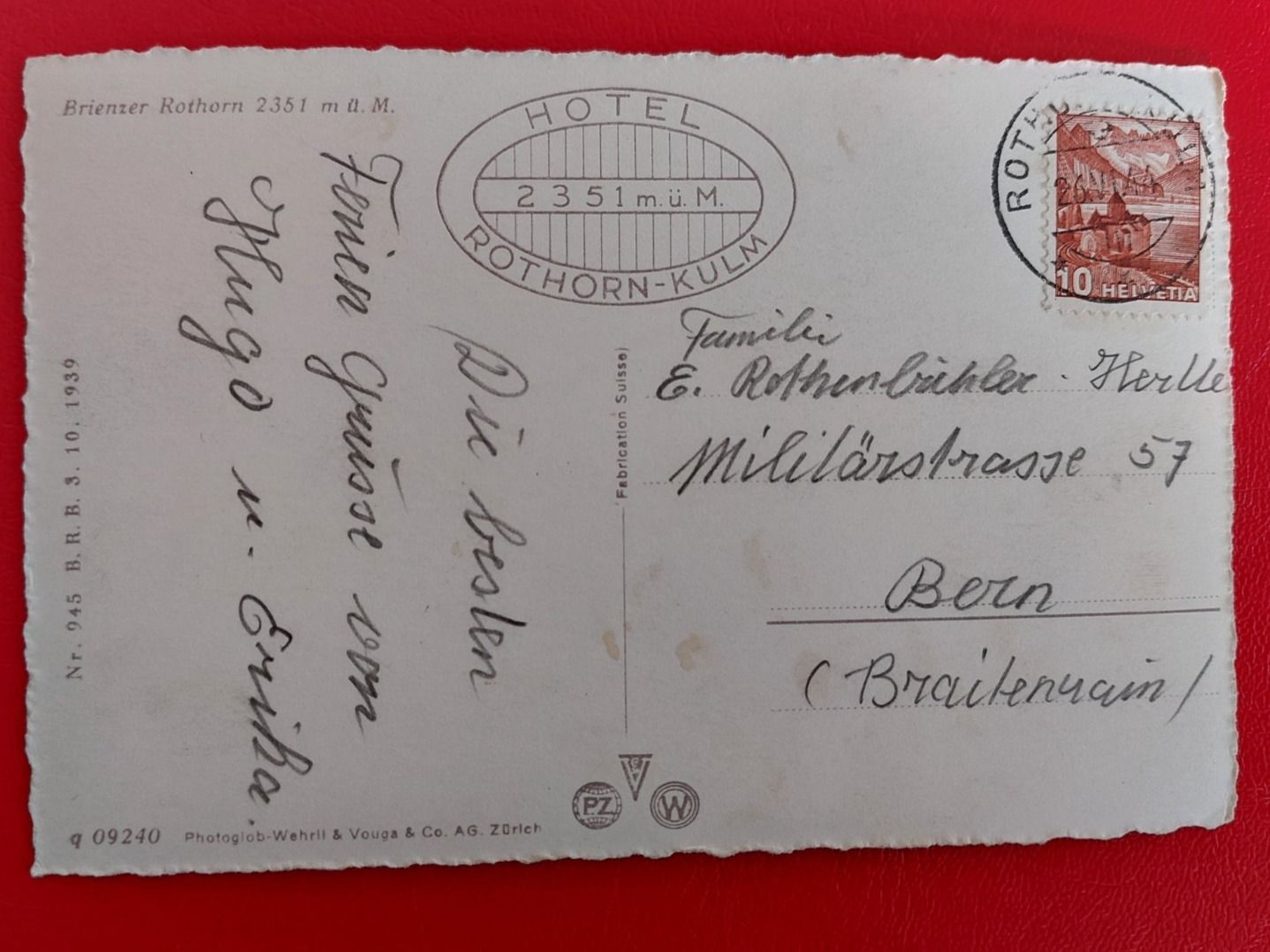 Ansichtskarten: Brienzer-Rothorn-Gipfel / Hotelstempel / 1944 – Gebraucht aus St-Légier-Chiésaz von Theo006 1