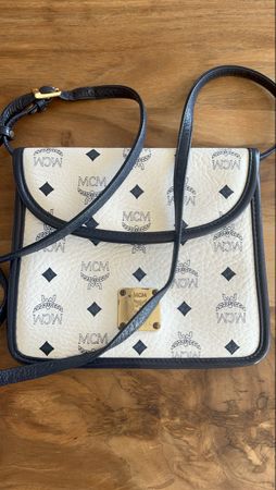 Vintage MCM Handtasche, Leder, Blau/Weiss