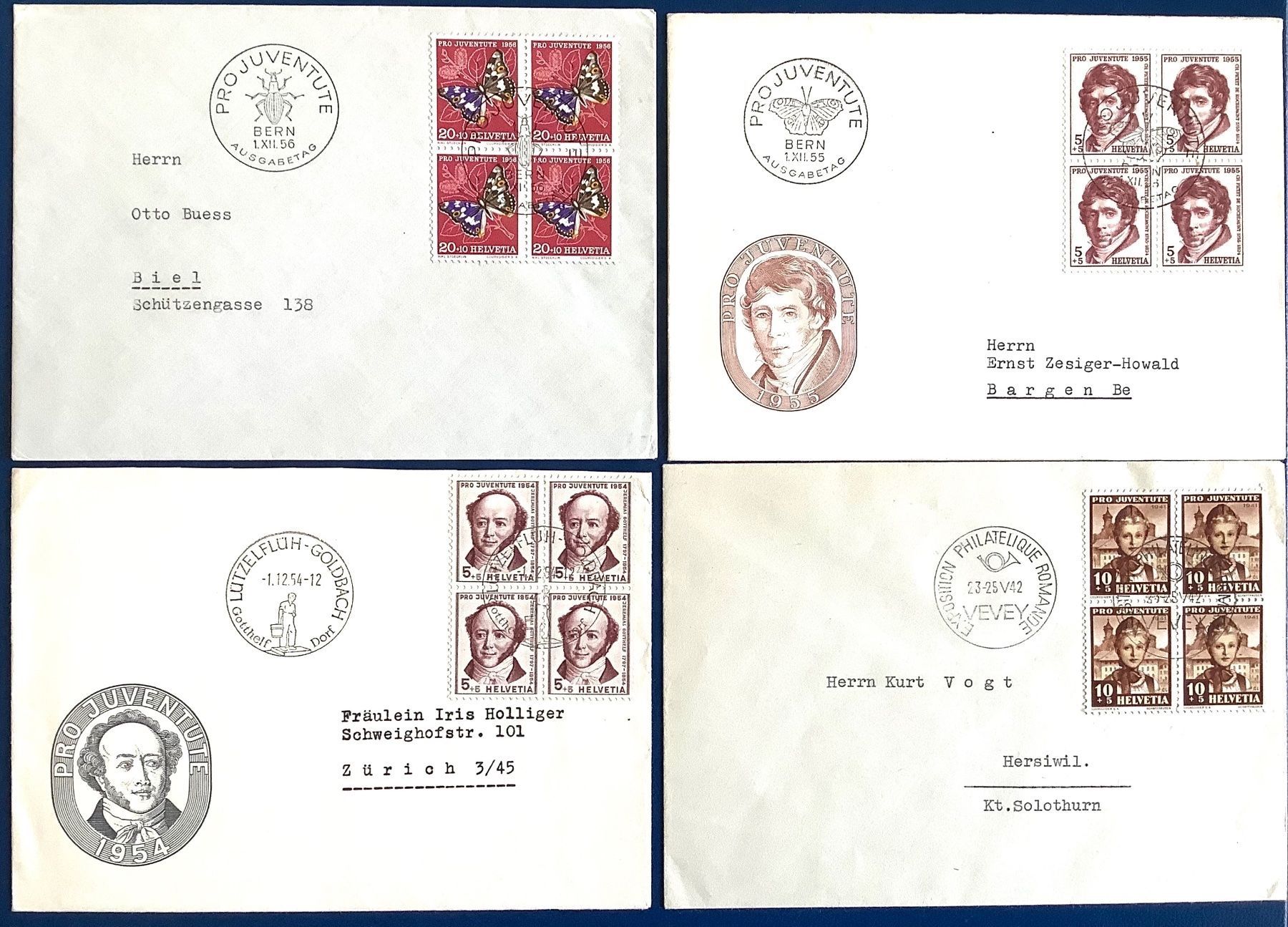Tutti i francobolli: 1942-54 / 4 Pro Juventute Briefe 4 er - 2x FDC – Usato da Liestal venduto da Skunk02