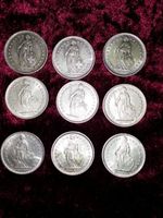 Schweiz / Suisse, 9 x 2 Silberfranken/ francs en Argent