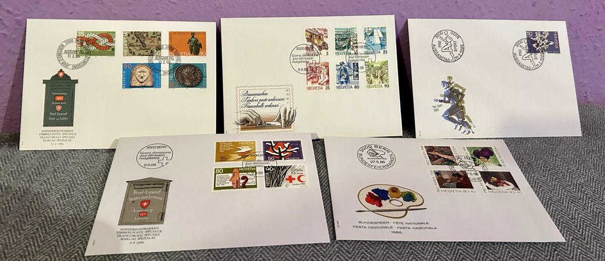 Tutti i francobolli: lot de cinq. FDC, Suisse 1986. – Usato da Petit-Lancy venduto da Pierre_le_voyageur