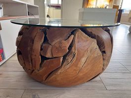 Teak Wurzelholz Couchtisch Kugel rund, Designer Unikat