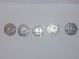 5 x 1 Fr Silber, alte Jahrgänge