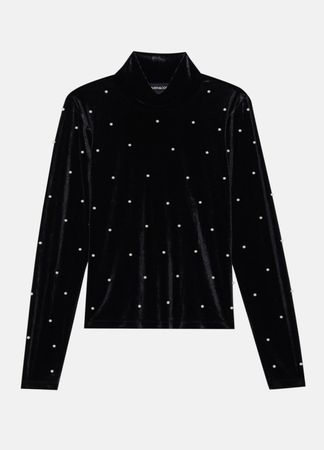 Rollkragenpullover schwarz Samt mit eingestanzten Perlen