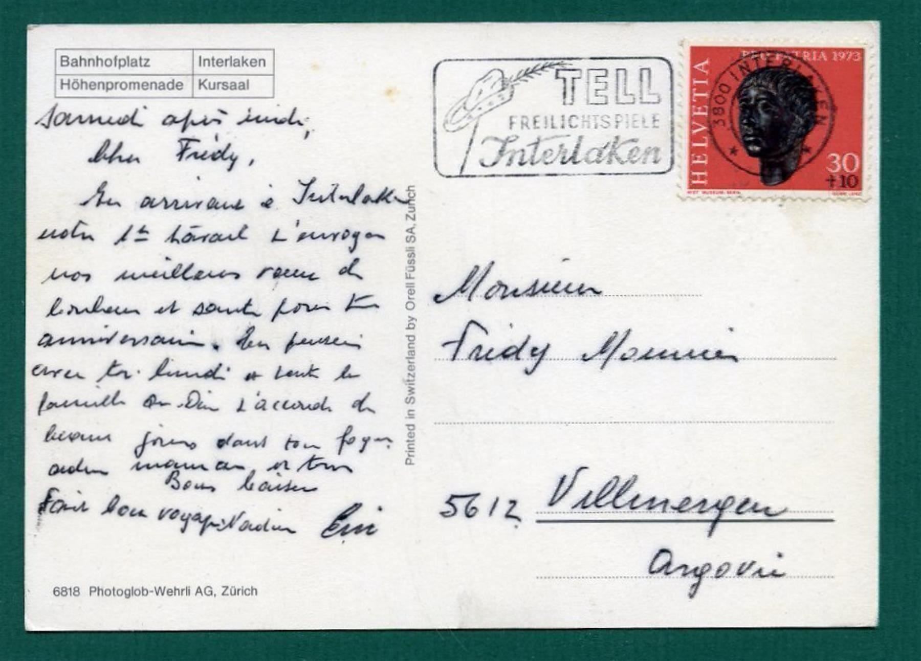 Cartoline postali: Gruss aus Interlaken, 1973, gelaufen, Grossformat – Usato da Sargans venduto da Hausi1951 1