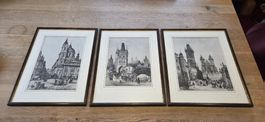 3er Set Antike Prag-Bilder – Edle Stahlstiche 