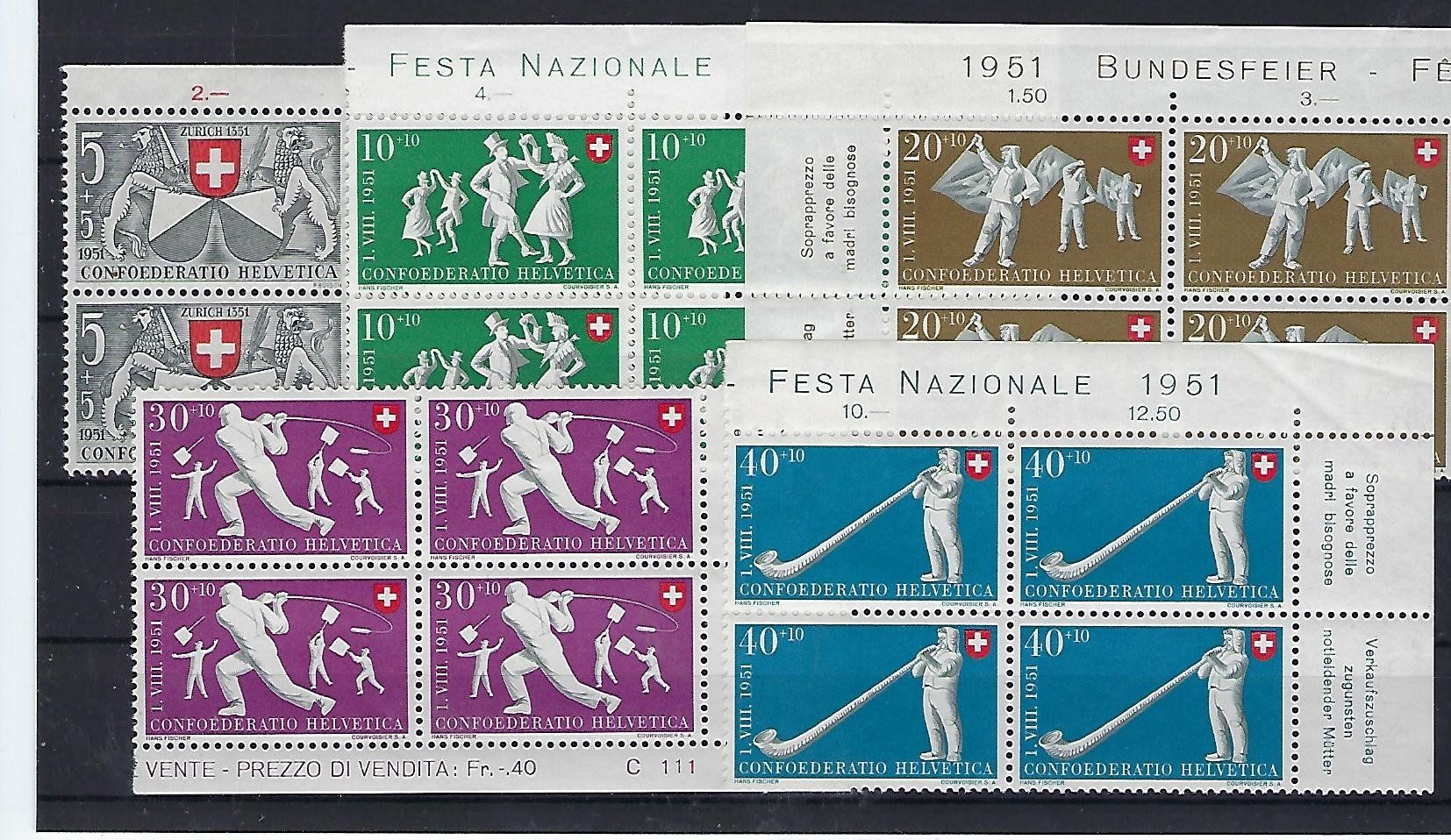 Tutti i francobolli: Pro Patria Viererblocks 1951 postfrisch      15673 – Usato da Lunden venduto da Animus999