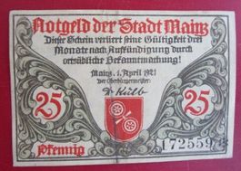 Notgeldschein Mainz, 25 Pfennig, 1921, Rarität!