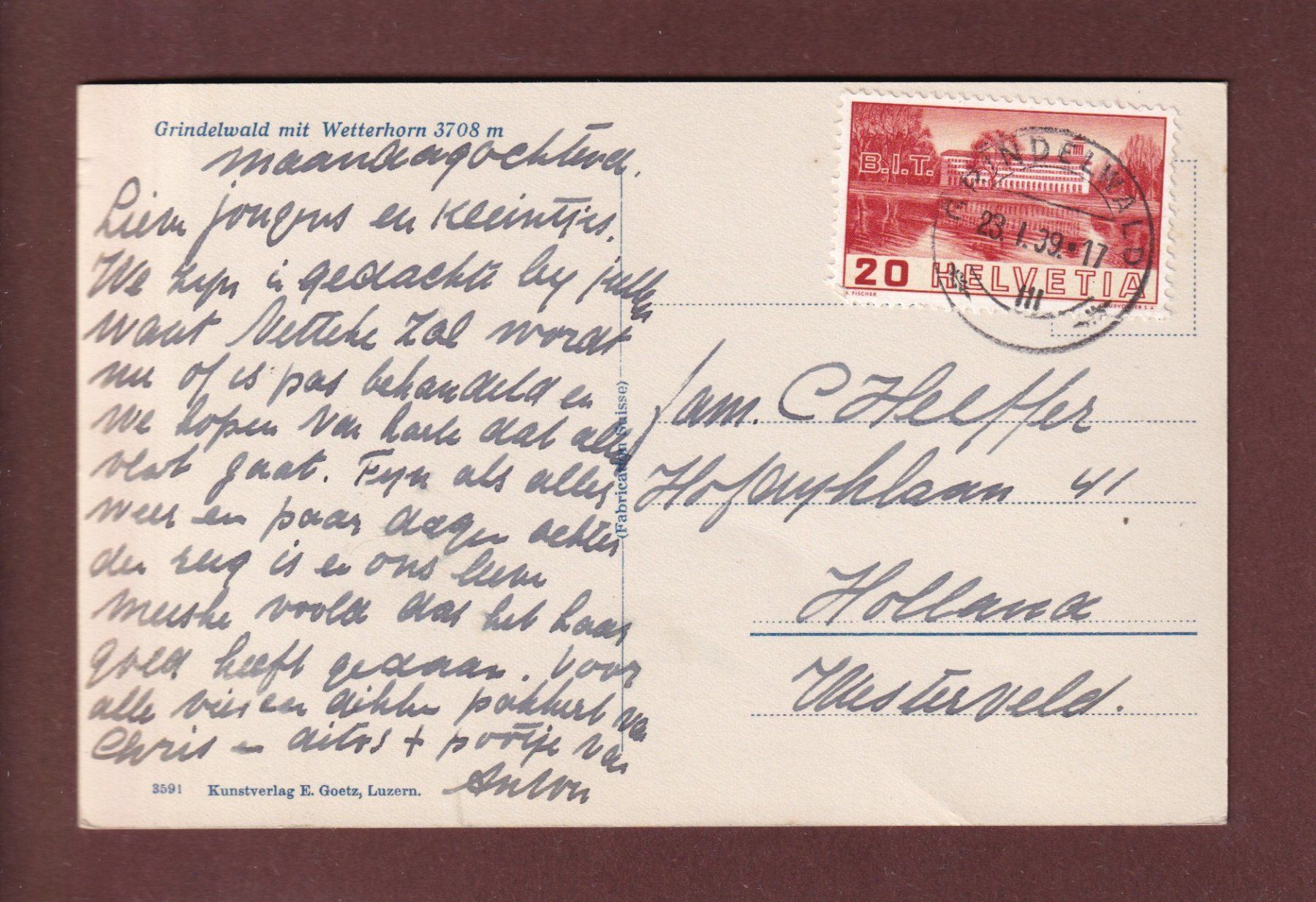 Cartoline postali: GRINDELWALD - Wetterhorn - 1939 – Usato da Pully venduto da nicecards 1