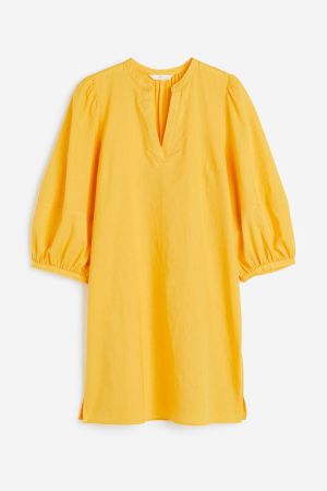 ⭐️H&M⭐️ Linen-blend Tunic Dress Leinen Kleid Gelb XS NEU