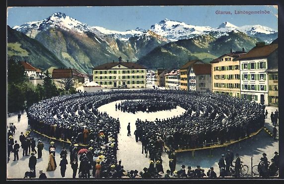 Cartoline postali: Glarus, Landsgemeinde mit Bergpanorama – Usato da Berlin venduto da bartko-reher
