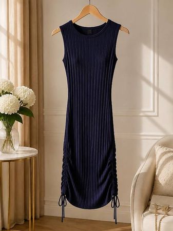Elegantes Damenkleid Dunkelblau Gr. S | Rippstrick-Stoff 