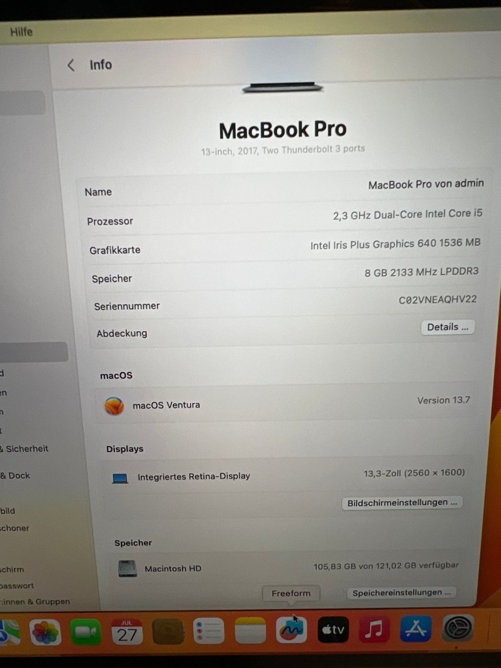 Apple Notebook: MacBook Pro 13" 2017 Grey , Core i5, 8 GB Ram & 128GB #08 – Usato da Dietikon venduto da speedkauf 4