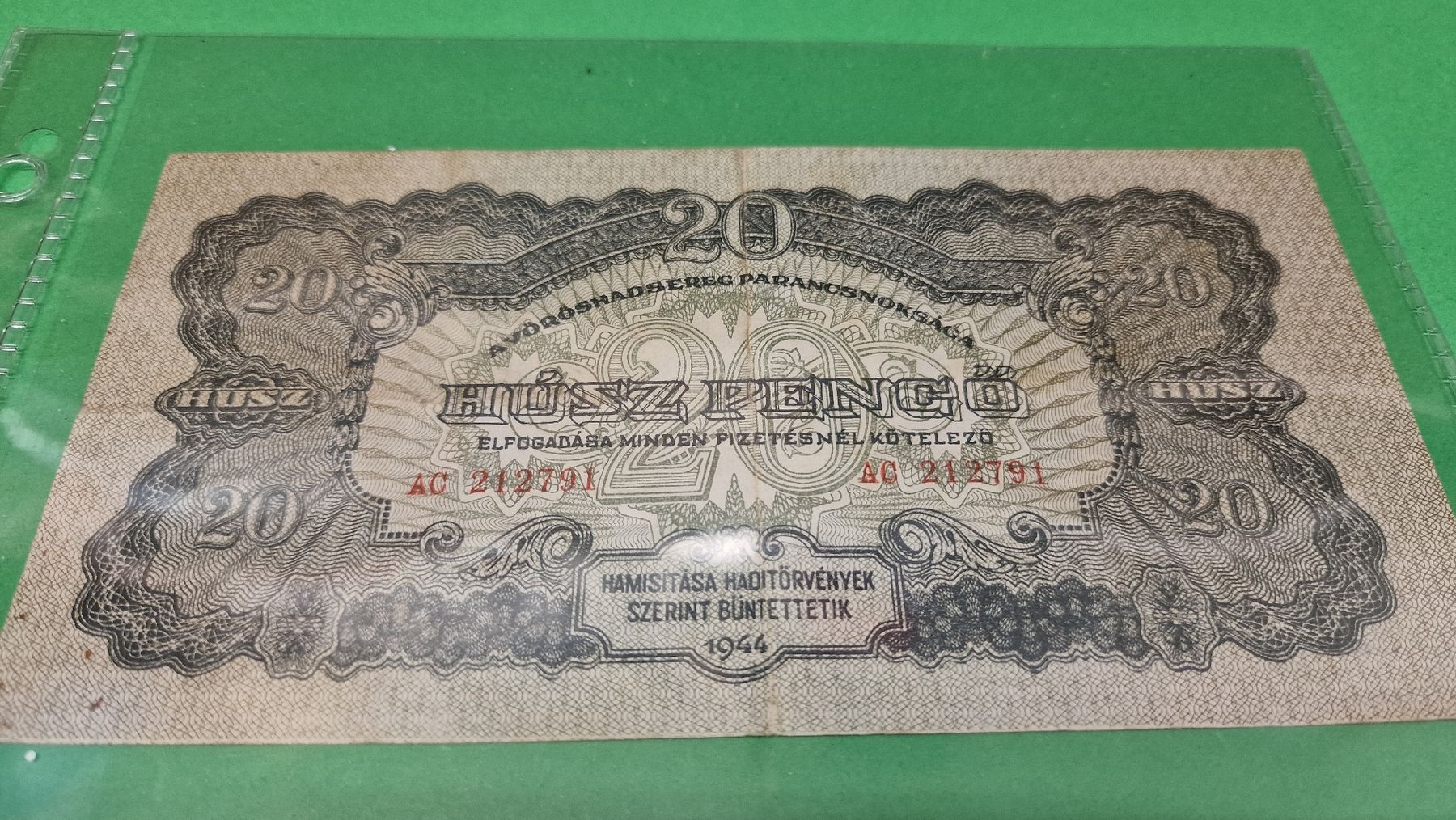 Banknoten: Ungarische 20 Pengo Banknote von 1944 – Gebraucht aus Herisau von Antiques.AR