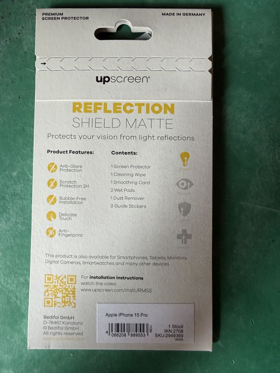 Ritocchi & pellicole di protezione: upScreen Reflection Shield Matte Apple iPhone 15 Pro – Nuovo e nell'imballaggio originale da Ligerz venduto da dohirschi 1