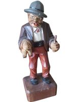 Holzfigur antik - Mann mit Glücksschwein