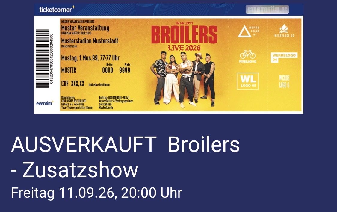 Biglietti: 2 Tickets Broilers Konzert 11. Sept  – Nuovo e nell'imballaggio originale da Zürich venduto da maxmoritz007