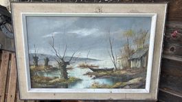 Tableau ancien paysage hivernal Gemälde signé